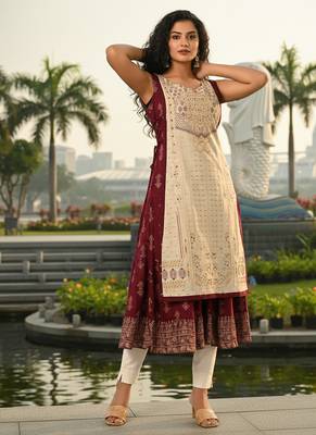 Beige premium cotton inner with chanderi layered jacket kurti set 3