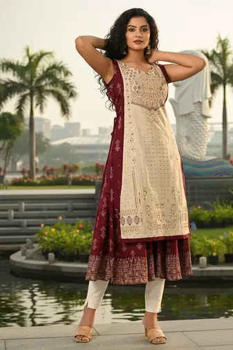Beige premium cotton inner with chanderi layered jacket kurti set