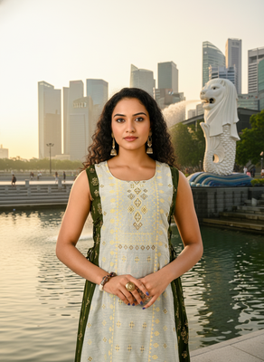 Olive green cotton inner with chanderi layered jacket kurti set 2