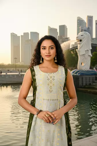 Olive green cotton inner with chanderi layered jacket kurti set
