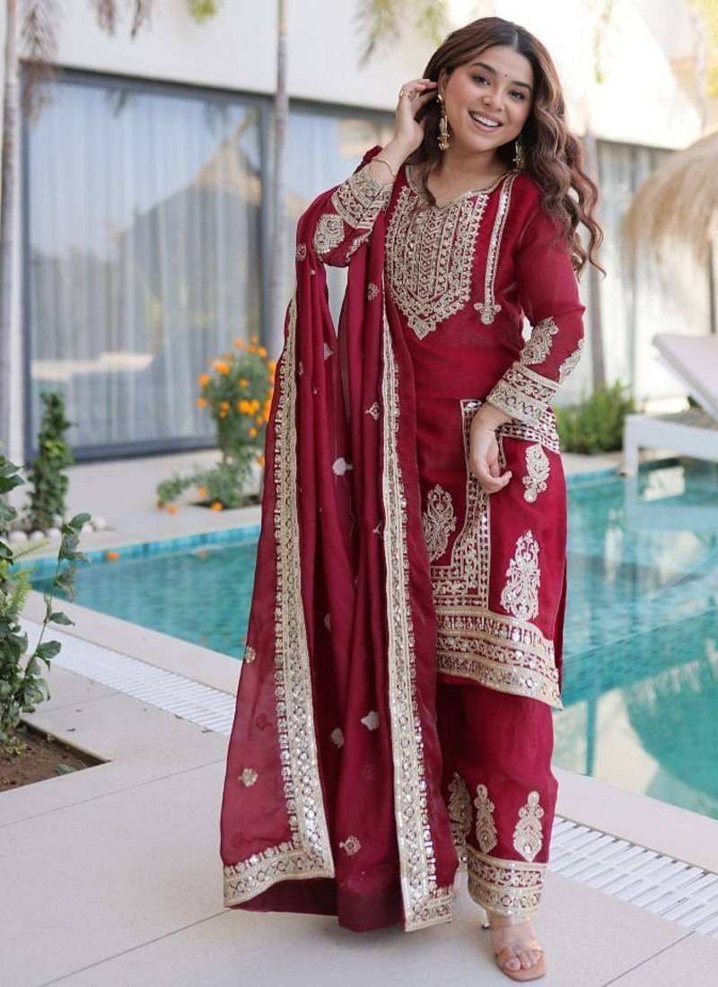 Maroon Sequins & Coding Embroidered Kurta Set