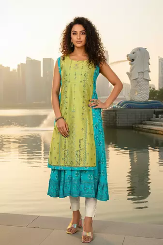 Wine premium cotton inner with chanderi layered jacket kurti set