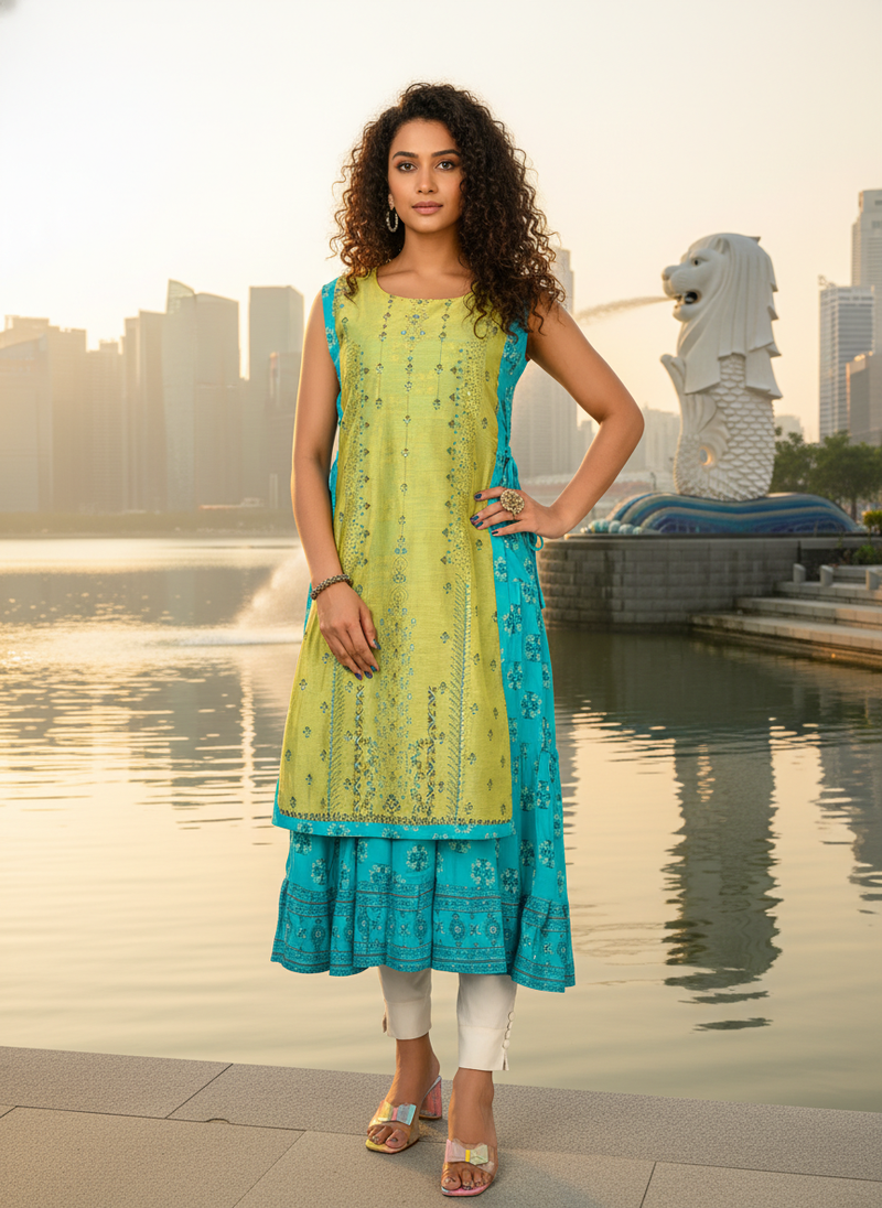 Wine premium cotton inner with chanderi layered jacket kurti set