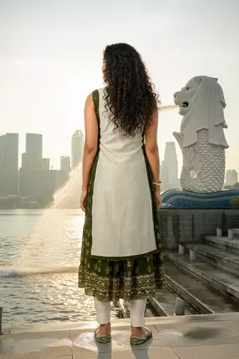 Olive green cotton inner with chanderi layered jacket kurti set