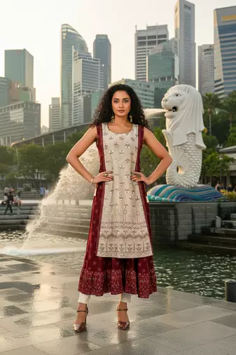 Light green  cotton inner with chanderi layered jacket kurti set