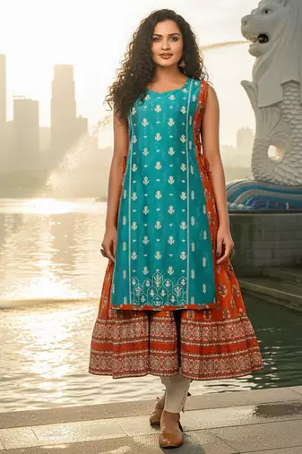 Cream  cotton inner with chanderi layered jacket kurti set