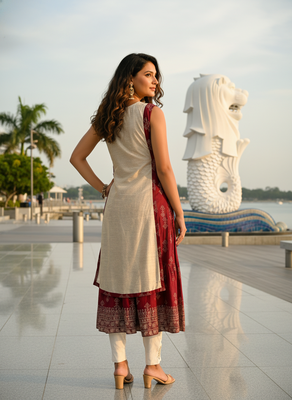 Beige premium cotton inner with chanderi layered jacket kurti set 4