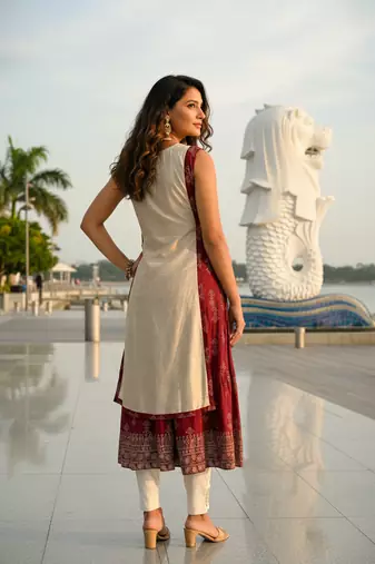 Beige premium cotton inner with chanderi layered jacket kurti set