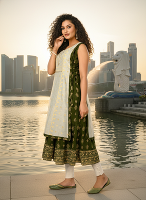 Olive green cotton inner with chanderi layered jacket kurti set 4