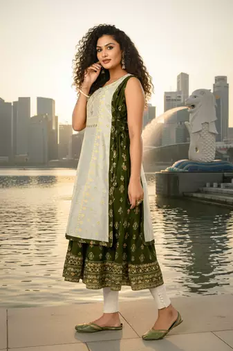 Olive green cotton inner with chanderi layered jacket kurti set
