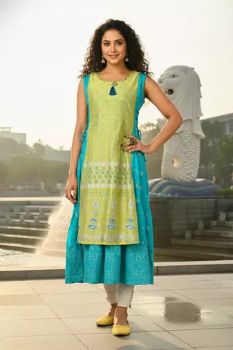 Rani pink  cotton inner with chanderi layered jacket kurti set