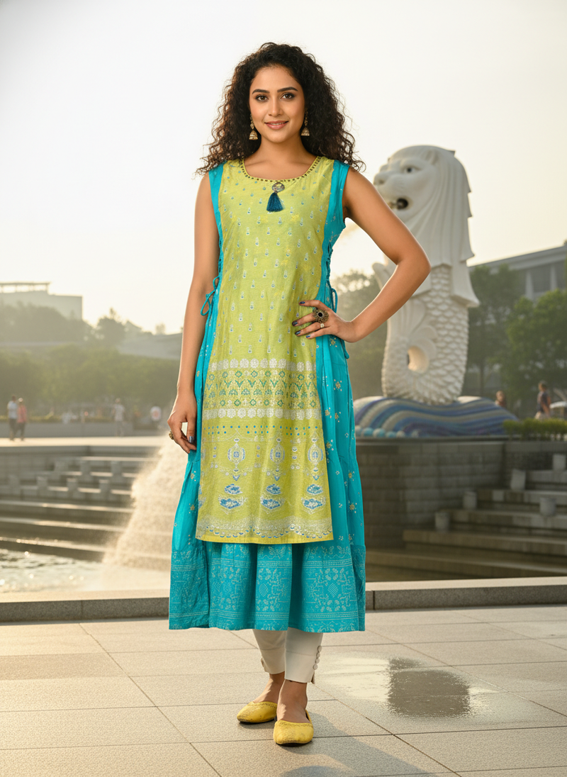 Rani pink  cotton inner with chanderi layered jacket kurti set