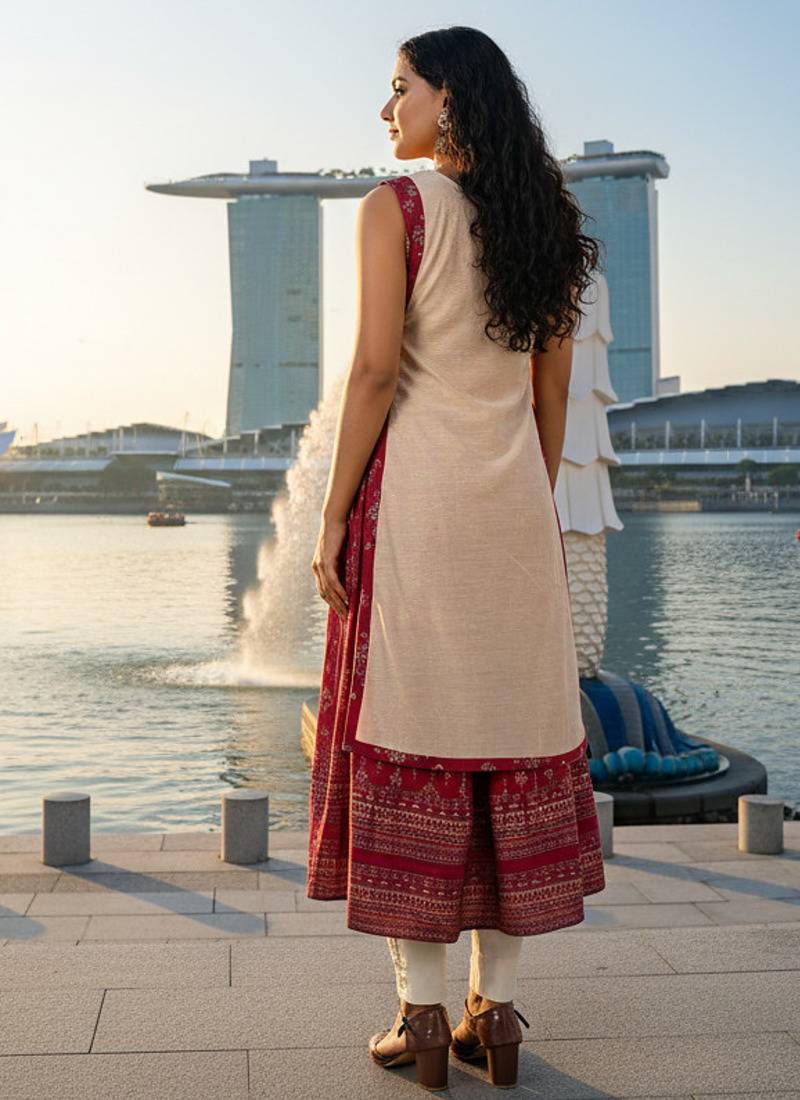 Sea green  cotton inner with chanderi layered jacket kurti set