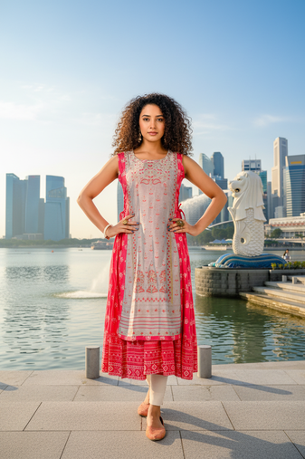 Rani pink  cotton inner with chanderi layered jacket kurti set