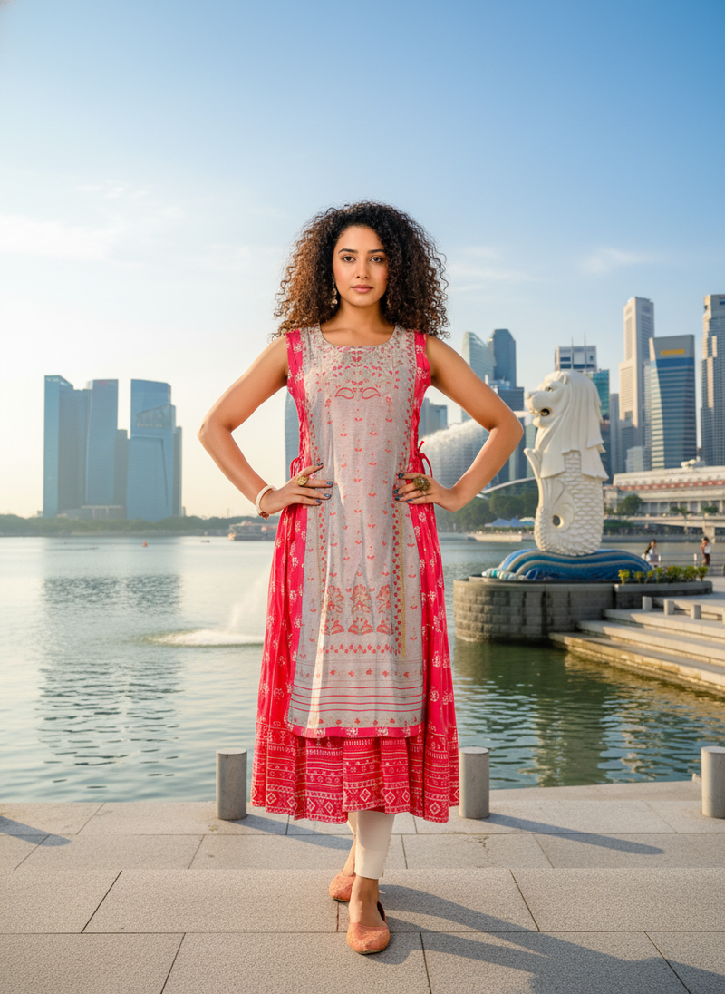 Rani pink  cotton inner with chanderi layered jacket kurti set