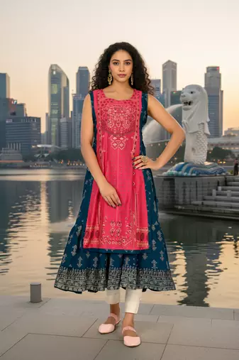 Yellow  cotton inner with chanderi layered jacket kurti set