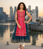 Yellow  cotton inner with chanderi layered jacket kurti set