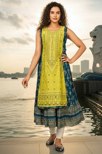 Red  cotton inner with chanderi layered jacket kurti set