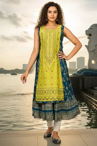 Red  cotton inner with chanderi layered jacket kurti set