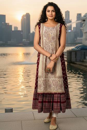 Rani pink  cotton inner with chanderi layered jacket kurti set