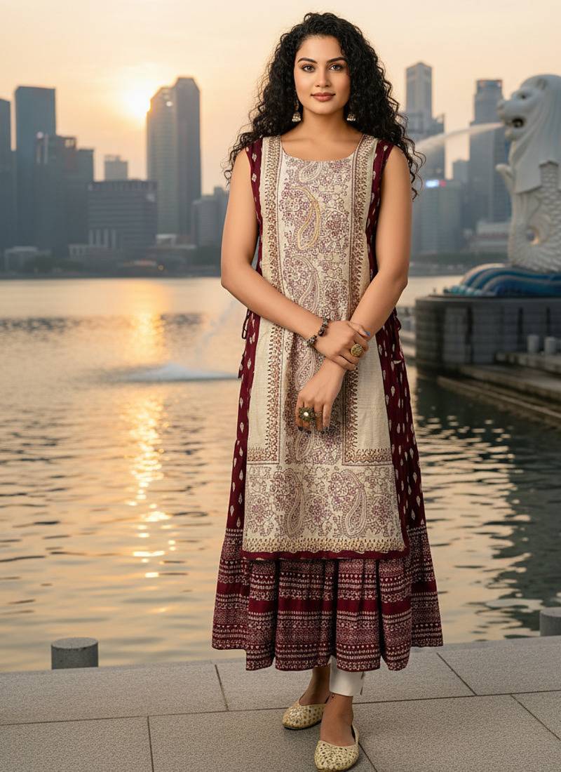 Rani pink  cotton inner with chanderi layered jacket kurti set