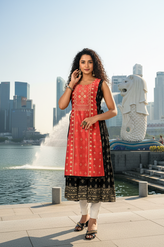 Light coffee  cotton inner with chanderi layered jacket kurti set