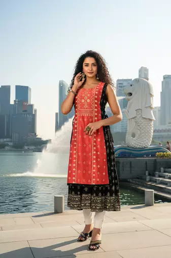 Light coffee  cotton inner with chanderi layered jacket kurti set