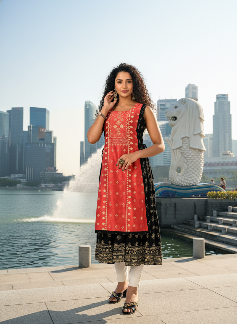 Light coffee  cotton inner with chanderi layered jacket kurti set