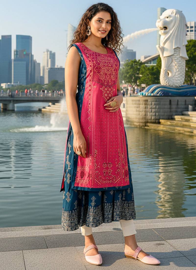 Yellow  cotton inner with chanderi layered jacket kurti set