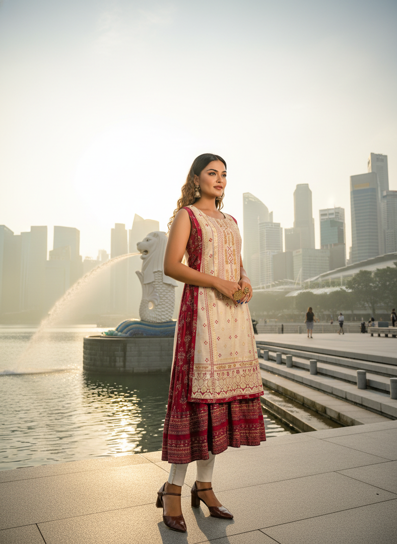 Sea green  cotton inner with chanderi layered jacket kurti set