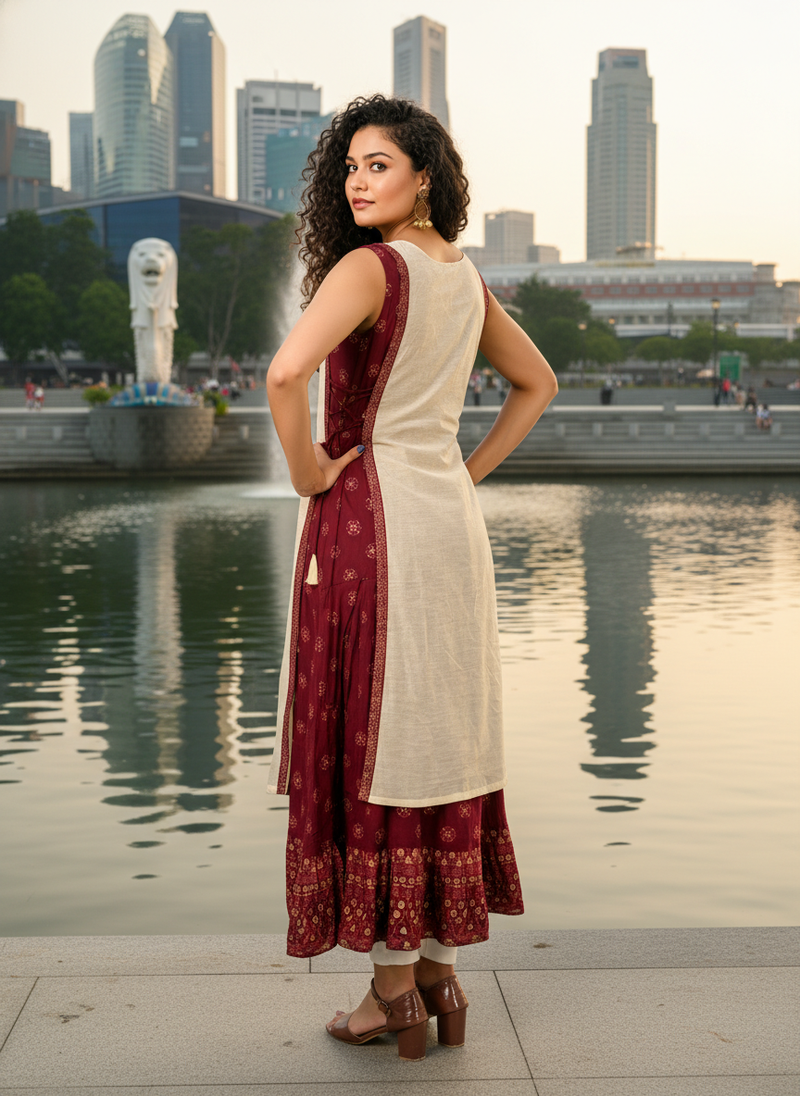 Light green  cotton inner with chanderi layered jacket kurti set