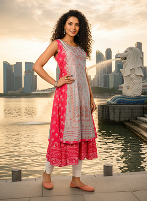 Rani pink  cotton inner with chanderi layered jacket kurti set 3
