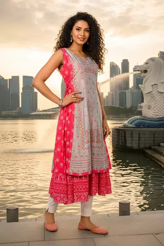 Rani pink  cotton inner with chanderi layered jacket kurti set