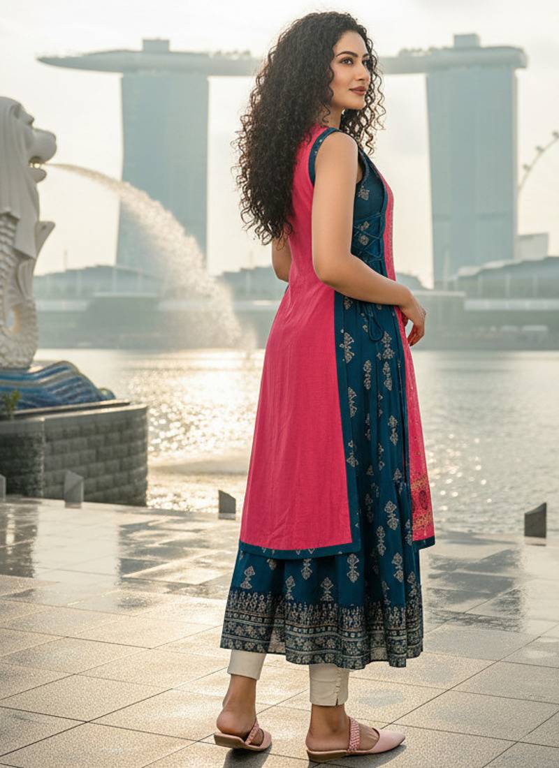 Yellow  cotton inner with chanderi layered jacket kurti set