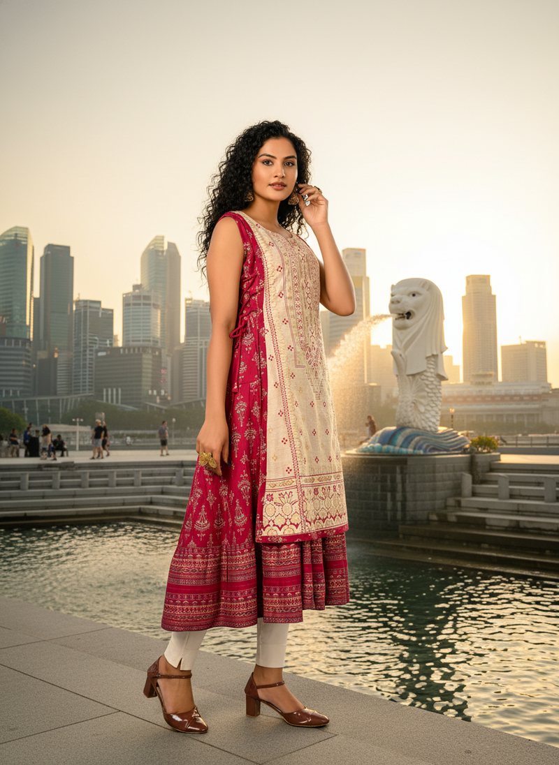 Sea green  cotton inner with chanderi layered jacket kurti set