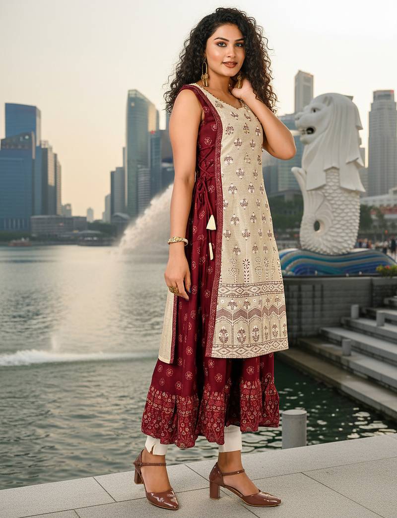 Light green  cotton inner with chanderi layered jacket kurti set