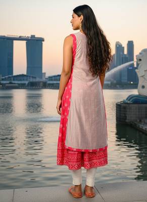 Rani pink  cotton inner with chanderi layered jacket kurti set 4