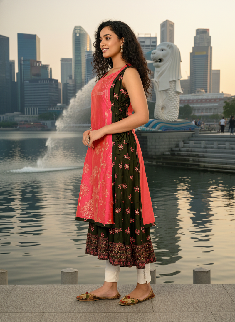 Light green  cotton inner with chanderi layered jacket kurti set