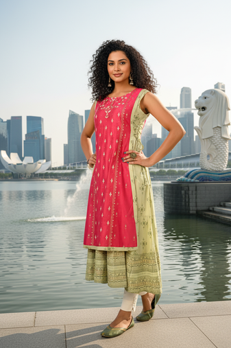 Light coffee  cotton inner with chanderi layered jacket kurti set