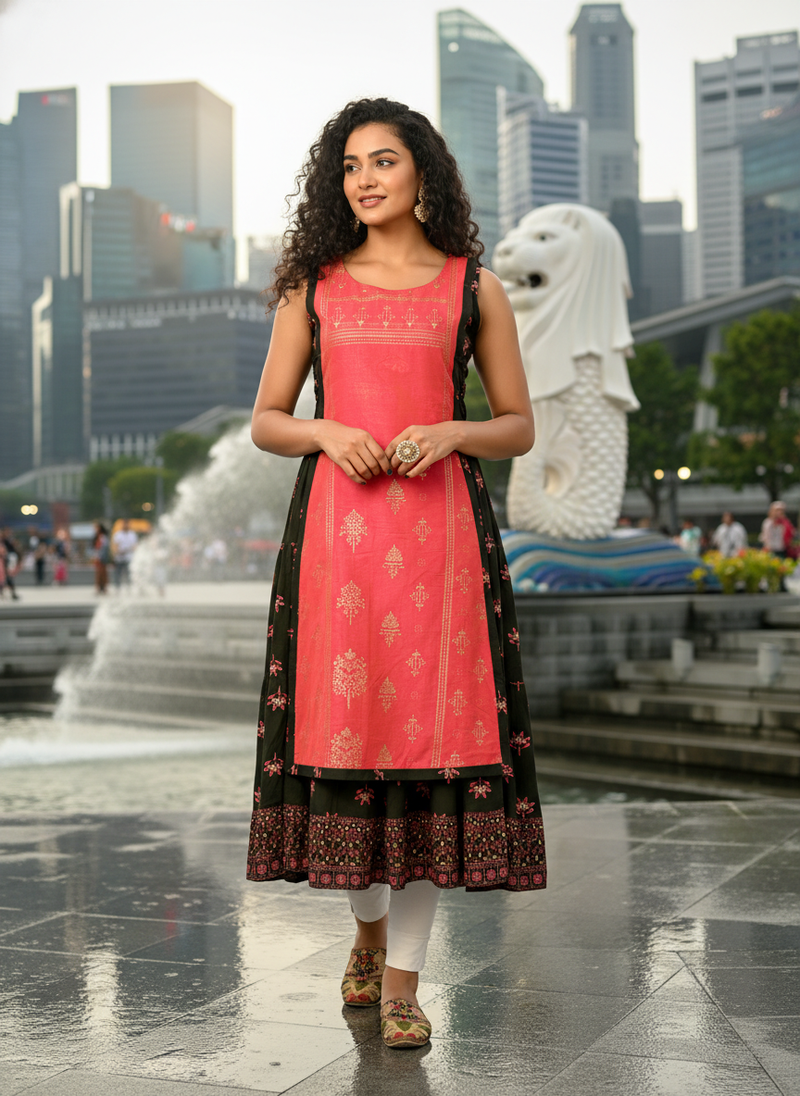 Light green  cotton inner with chanderi layered jacket kurti set