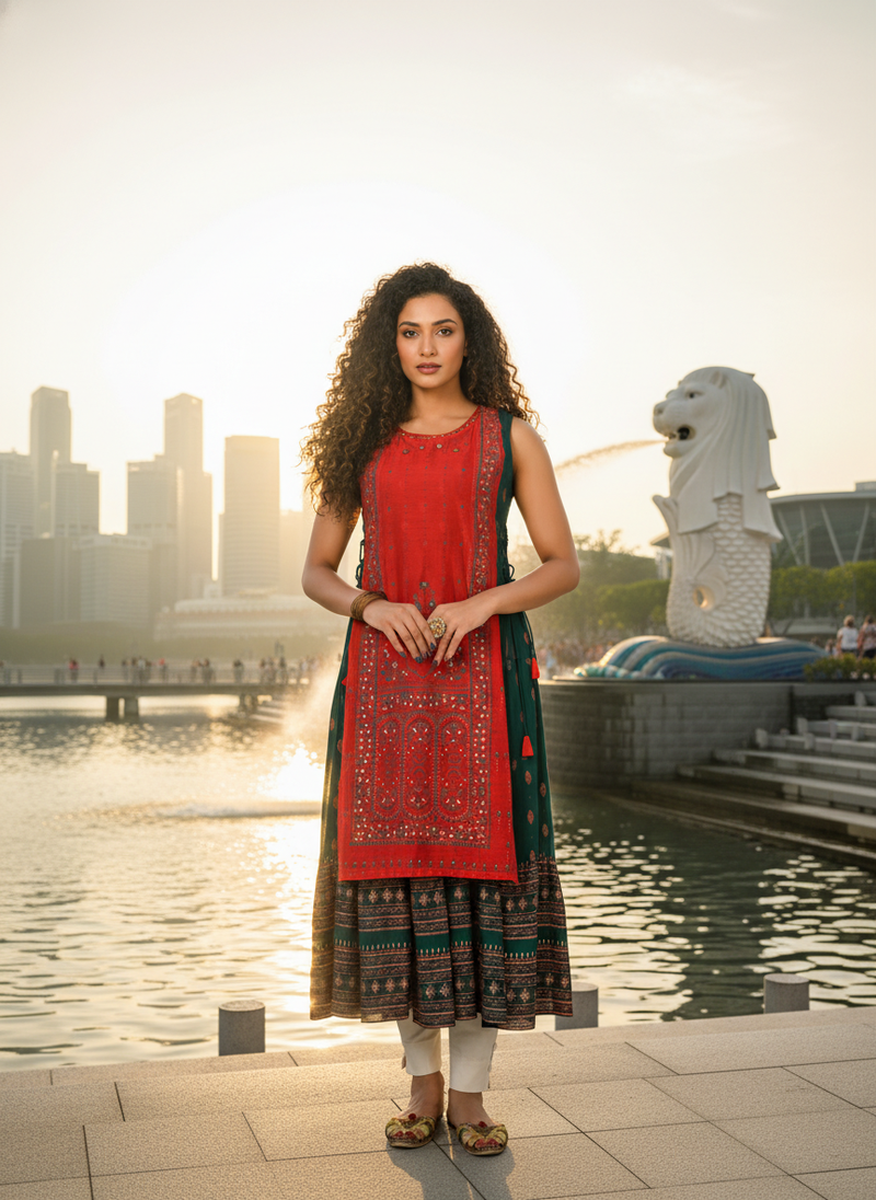 Rani pink  cotton inner with chanderi layered jacket kurti set