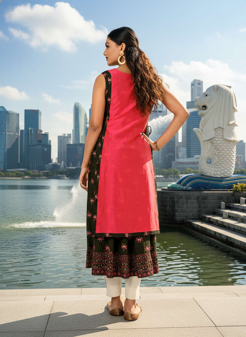 Light green  cotton inner with chanderi layered jacket kurti set