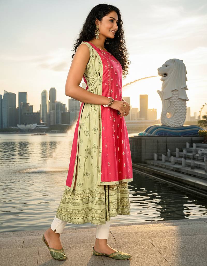 Light coffee  cotton inner with chanderi layered jacket kurti set