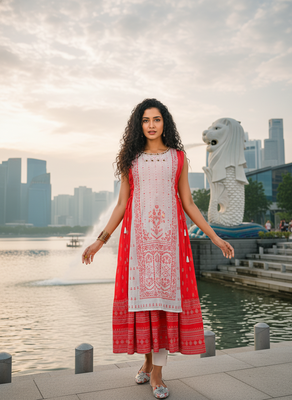Red  cotton inner with chanderi layered jacket kurti set 1
