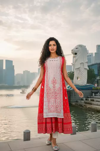 Red  cotton inner with chanderi layered jacket kurti set