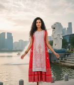 Red  cotton inner with chanderi layered jacket kurti set