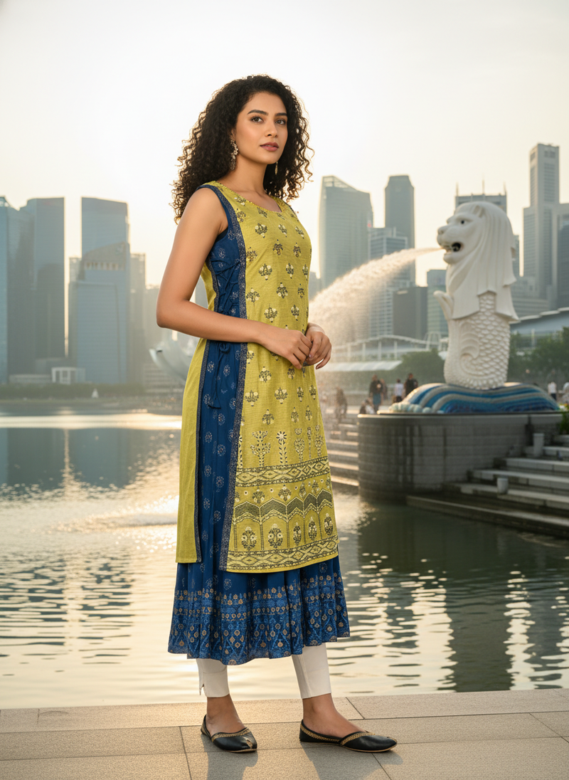 Red  cotton inner with chanderi layered jacket kurti set