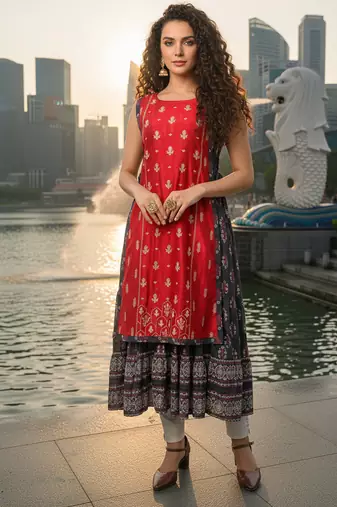 Blue  cotton inner with chanderi layered jacket kurti set