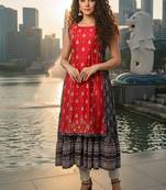 Blue  cotton inner with chanderi layered jacket kurti set