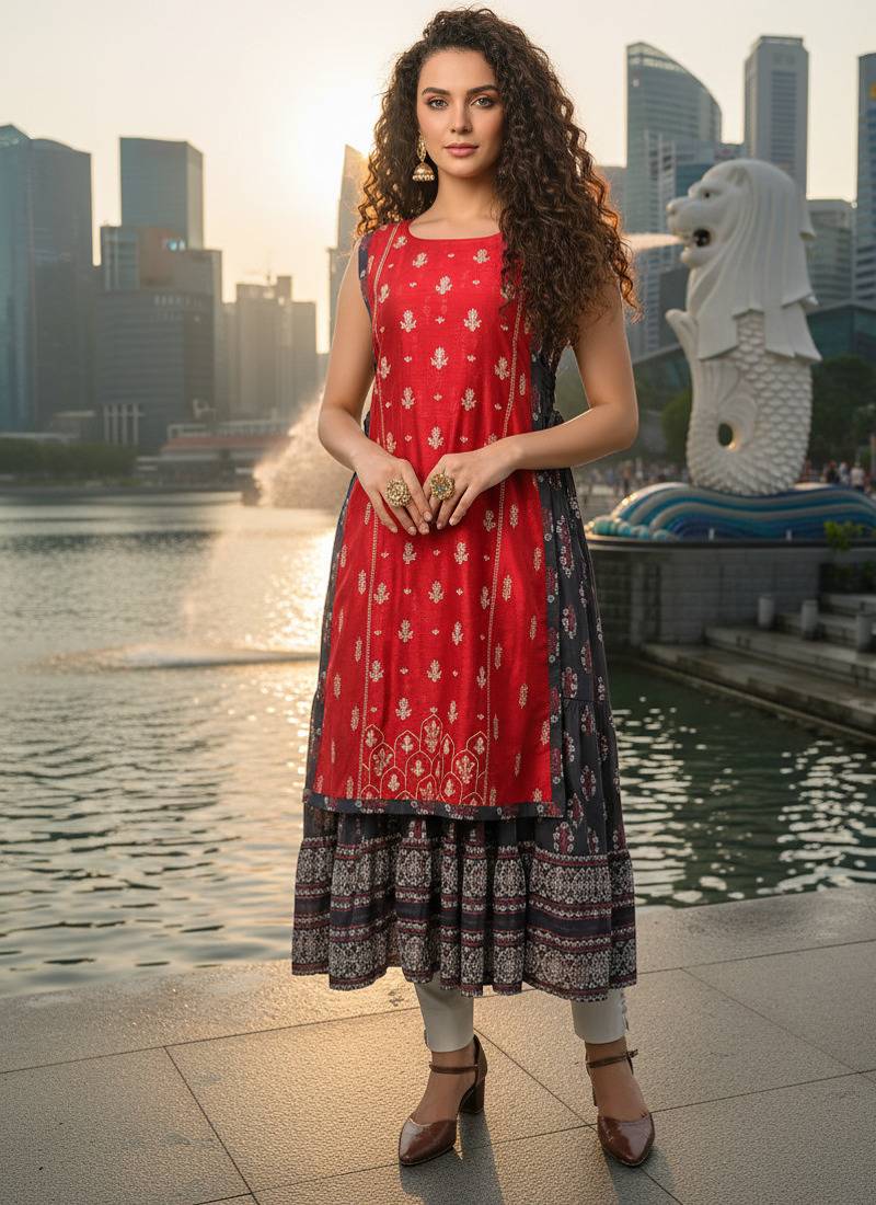 Blue  cotton inner with chanderi layered jacket kurti set